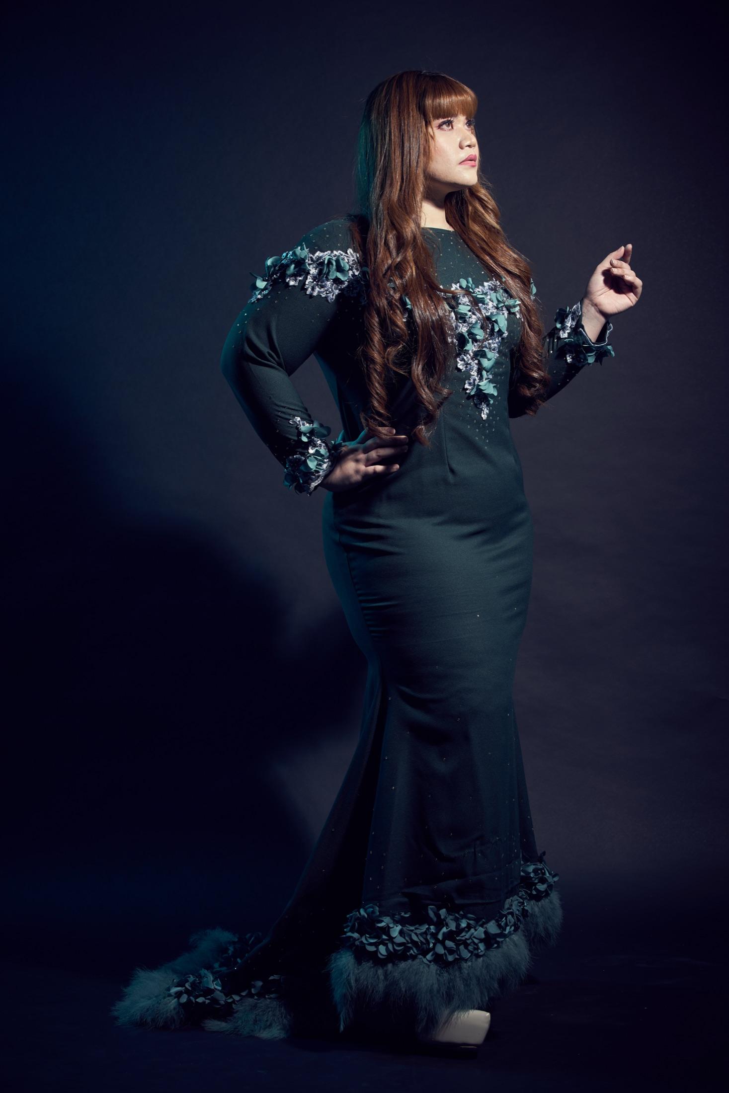 Teal mermaid with feather hem — Evening